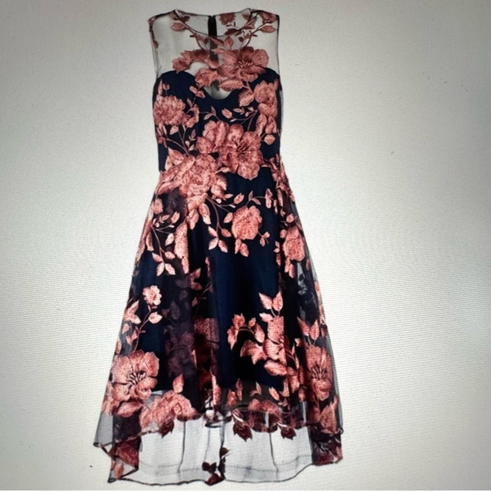 Mikael Aghal Navy Blue and Pink Embroidered Knee Length Cocktail Dress